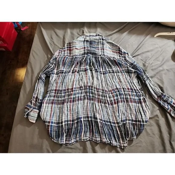 Free People Blue Pink Plaid Patchwork‎ Hooded Popover Blouse Top Size XS - Picture 7 of 10